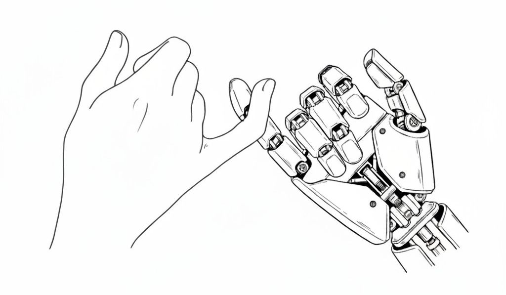 A pinky promise between robot and human representing the sacred covenant of AI accountability